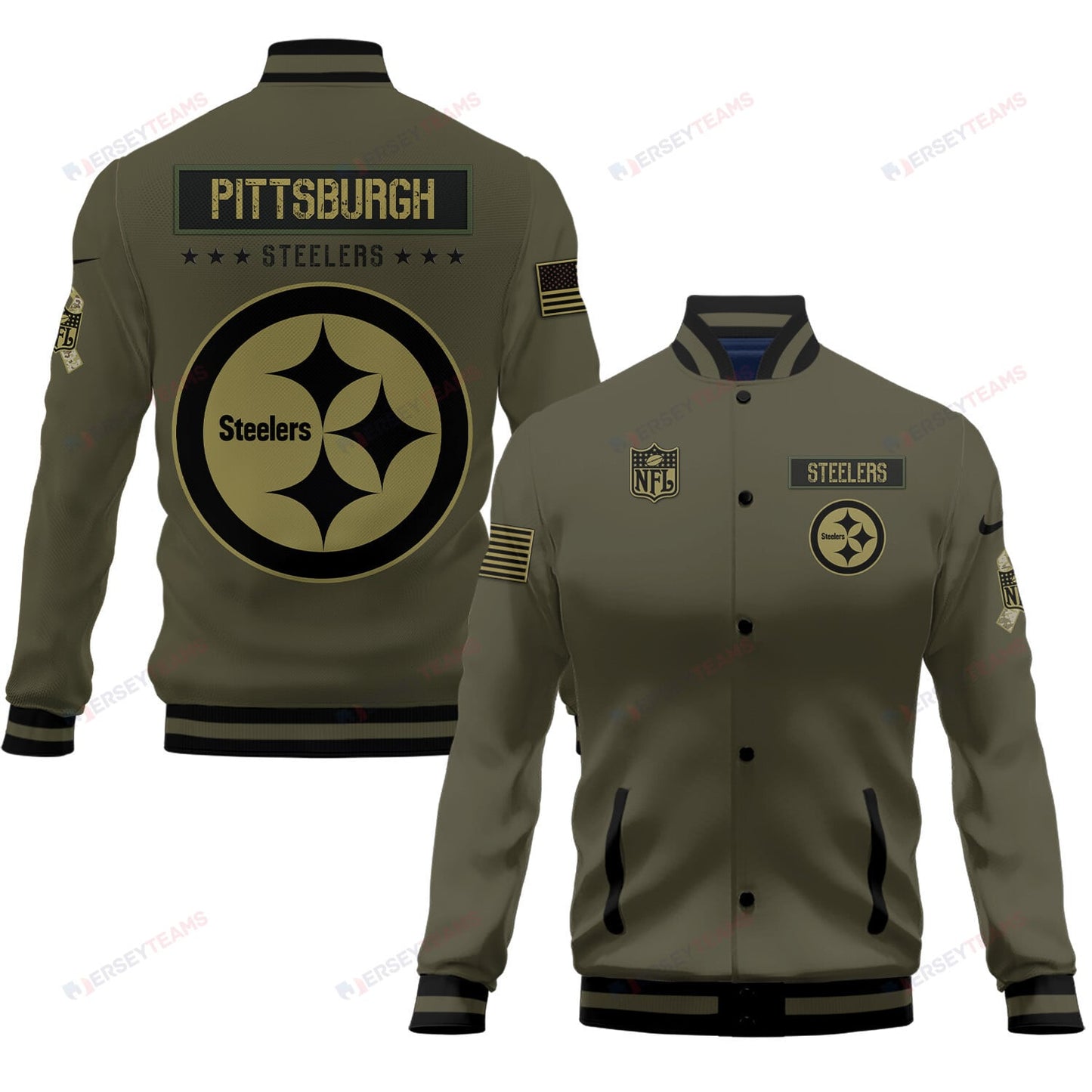 Pittsburgh Steelers 2023 Salute To Service Club Baseball Jacket Varsity Jacket - Green - All-Over-Printed Jacket