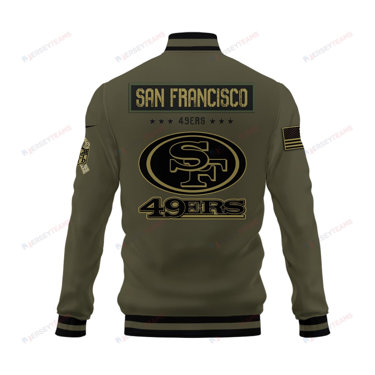 San Francisco 49ers 2023 Salute To Service Club Baseball Jacket Varsity Jacket - Green - All-Over-Printed Jacket