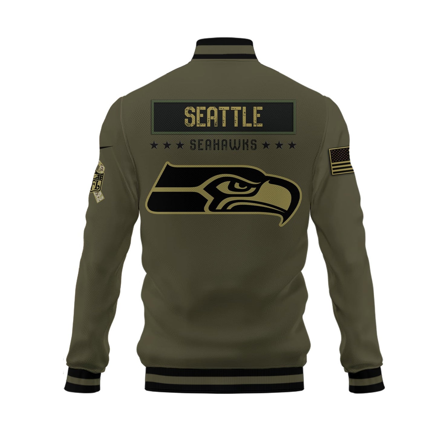 Seattle Seahawks 2023 Salute To Service Club Baseball Jacket Varsity Jacket - Green - All-Over-Printed Jacket