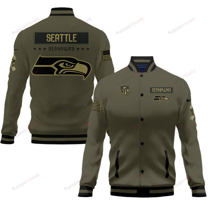 Seattle Seahawks 2023 Salute To Service Club Baseball Jacket Varsity Jacket - Green - All-Over-Printed Jacket