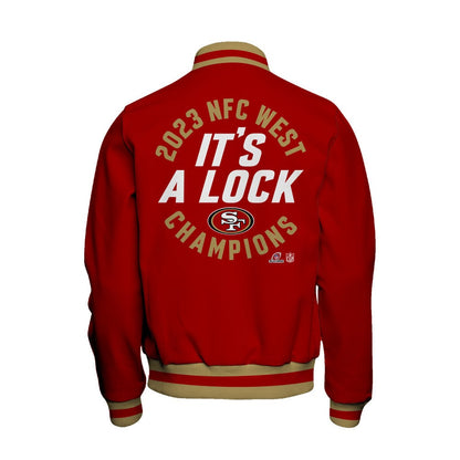 San Francisco 49ers 2023 NFC West Division Champions Locker Room Trophy Baseball Jacket - Scarlet - All-Over-Printed Jacket