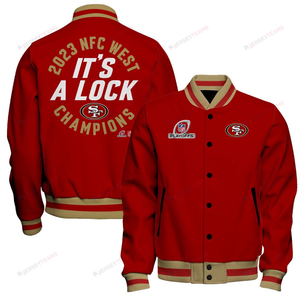 San Francisco 49ers 2023 NFC West Division Champions Locker Room Trophy Baseball Jacket - Scarlet - All-Over-Printed Jacket