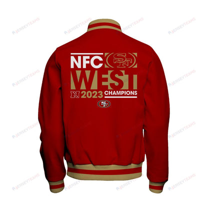 San Francisco 49ers 2023 NFC West Division Champions Conquer Baseball Jacket - Scarlet - All-Over-Printed Jacket