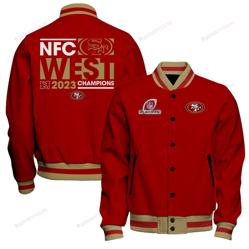 San Francisco 49ers 2023 NFC West Division Champions Conquer Baseball Jacket - Scarlet - All-Over-Printed Jacket