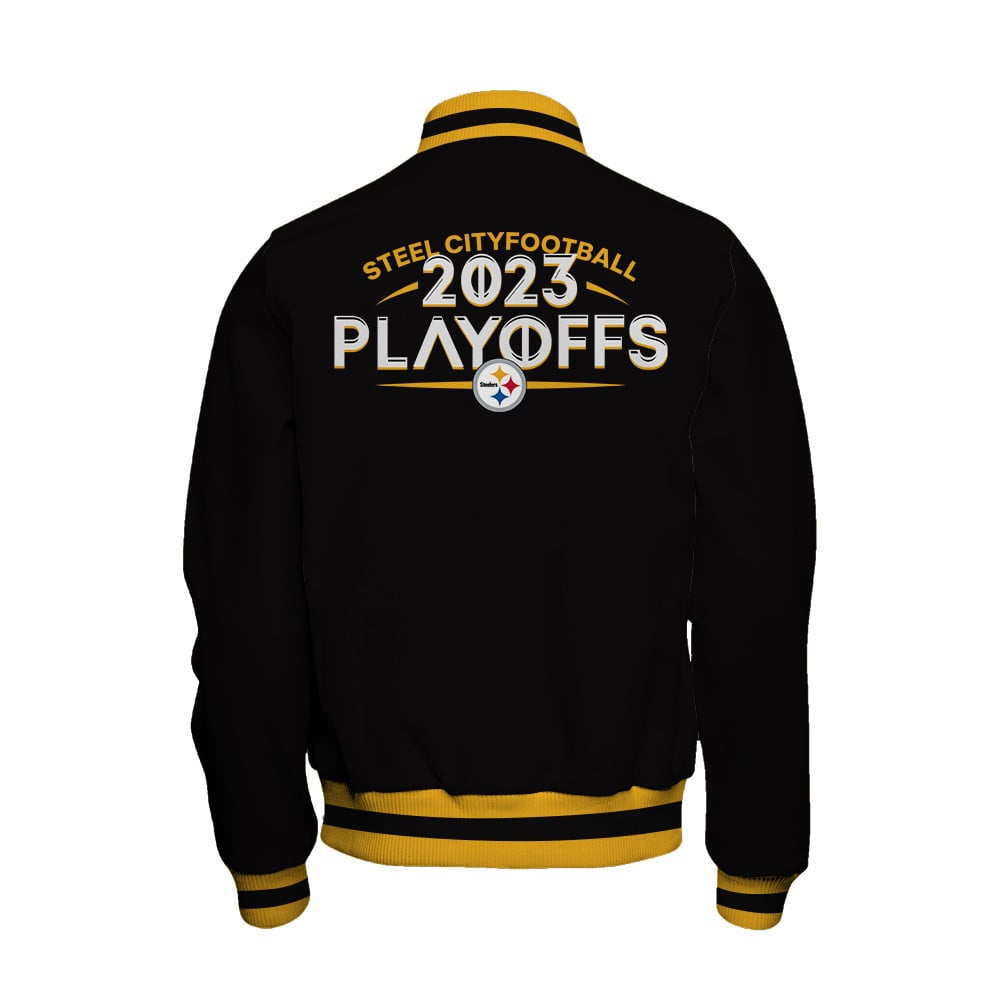 Pittsburgh Steelers Steel City Football 2023 Playoffs Ready Baseball Jacket - Black - All-Over-Printed Jacket