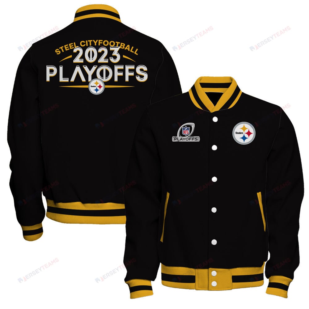 Pittsburgh Steelers Steel City Football 2023 Playoffs Ready Baseball Jacket - Black - All-Over-Printed Jacket