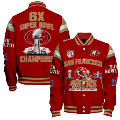 San Francisco 49ers 6th Super Bowl Champions Super Bowl LVIII Baseball Jacket - Red - All-Over-Printed Jacket