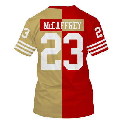 Christian McCaffrey 23 San Francisco 49ers All Over Print T-shirt - Gold/ Scarlet