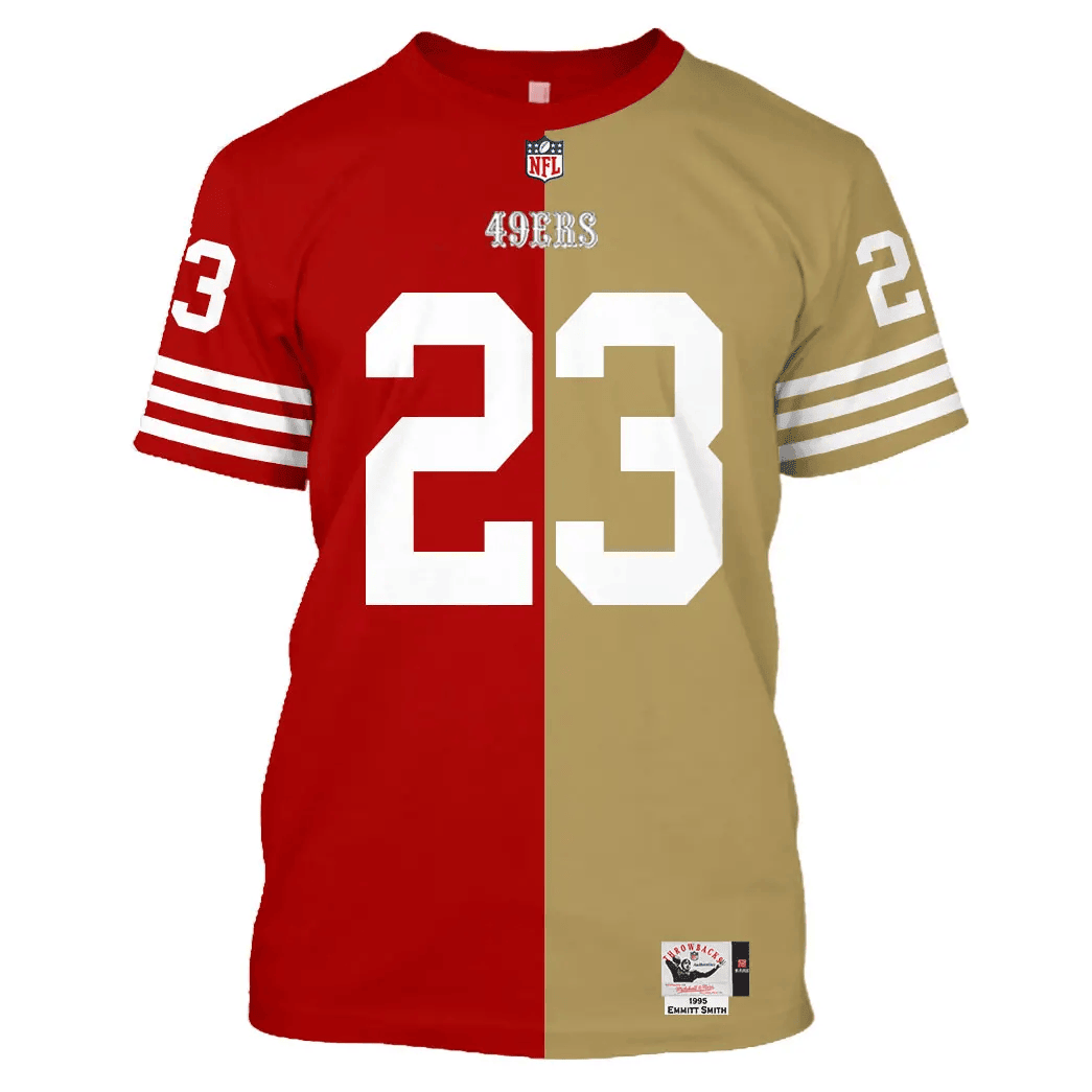 Christian McCaffrey 23 San Francisco 49ers All Over Print T-shirt - Gold/ Scarlet