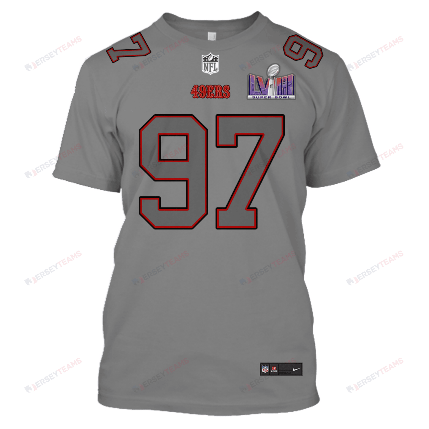 Nick Bosa 97 San Francisco 49ers Super Bowl LVIII All Over Print T-shirt - Gray