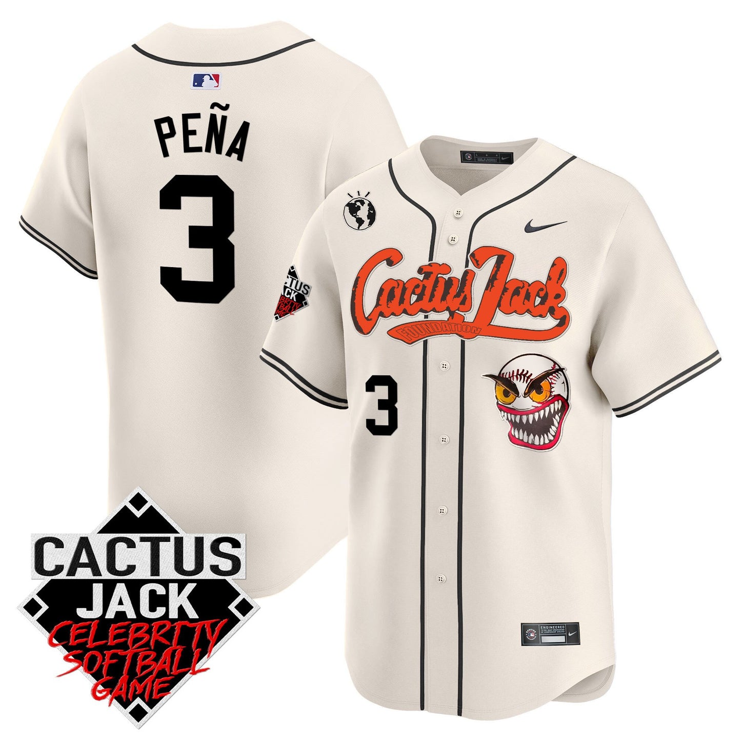 Jeremy Pena 3 Houston Astros Cactus Jack Celebrity Softball Game Patch Men Jersey - Cream