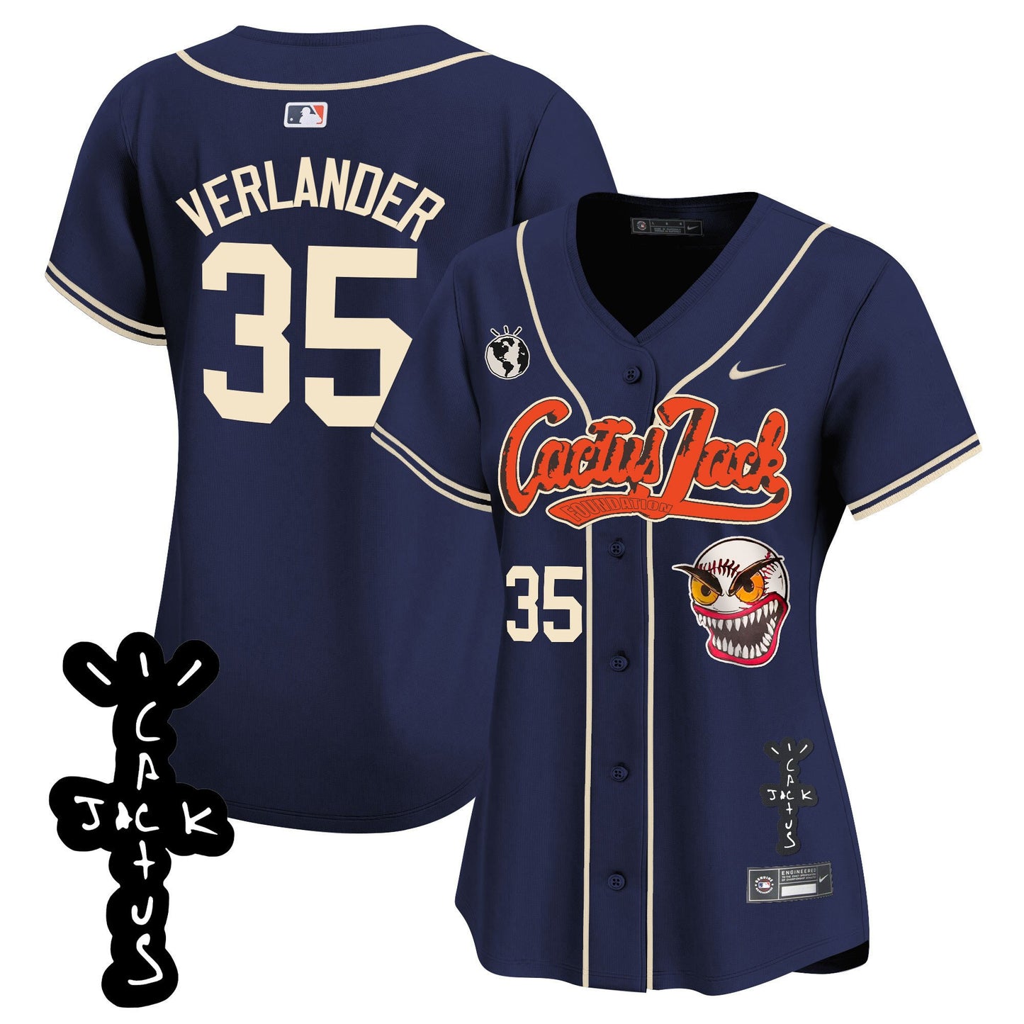 Justin Verlander 35 Houston Astros Cactus Jack Patch V2 Women Jersey - Navy