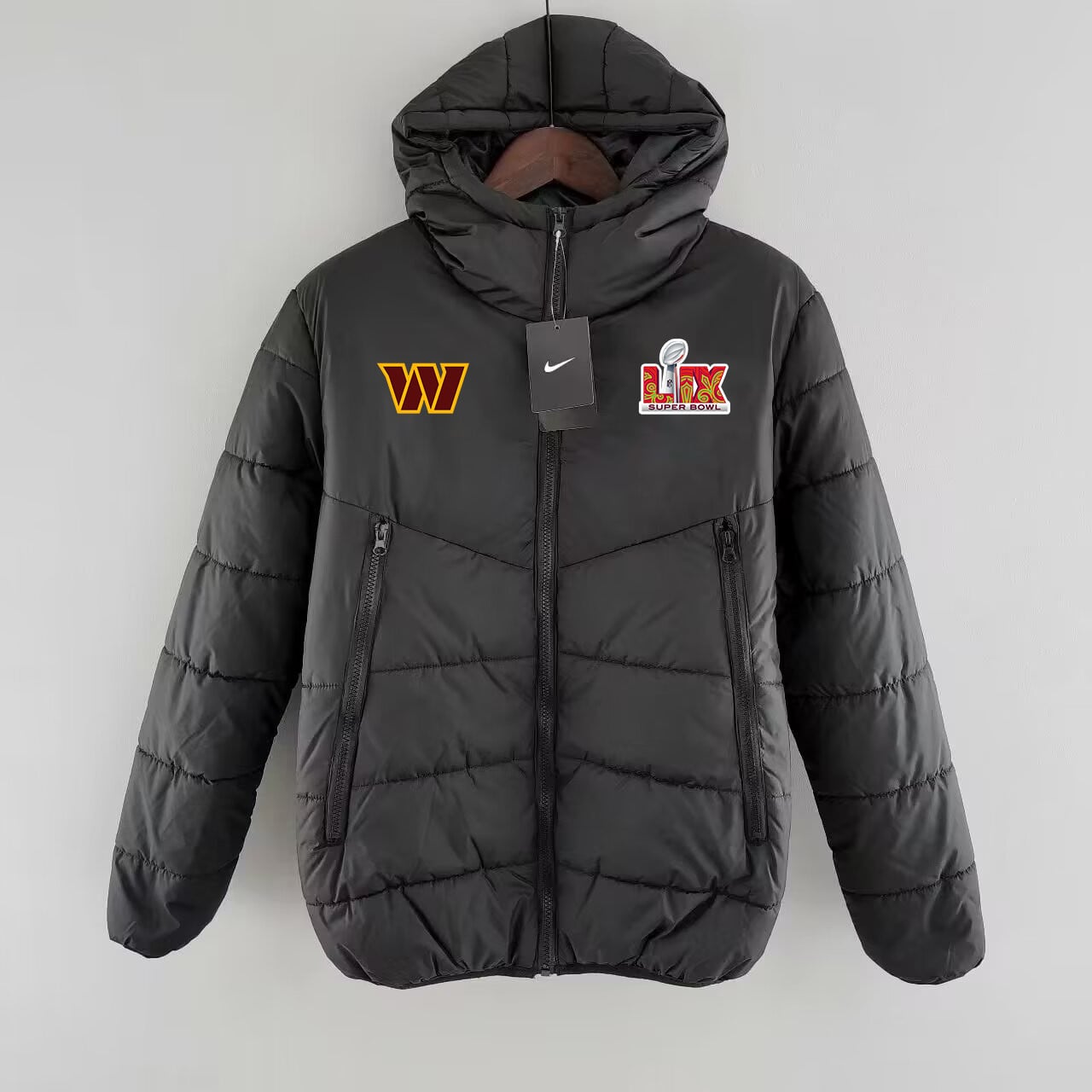 Washington Commanders Super Bowl LIX Patch Hooded Puffer Jacket - Black