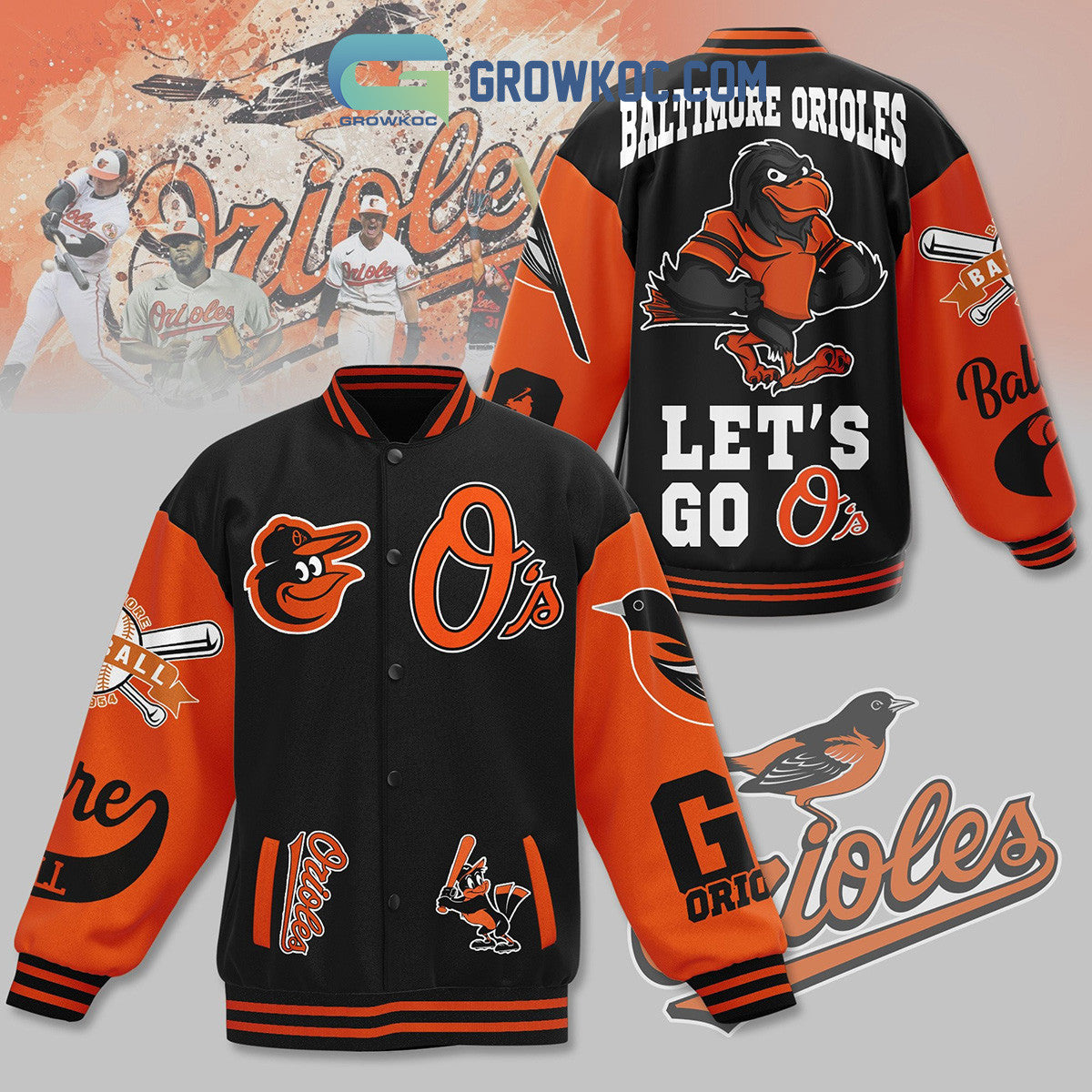 Baltimore Orioles Let's Go O's Fan Baseball Jacket - All Over Printed - Black - All-Over-Printed Jacket