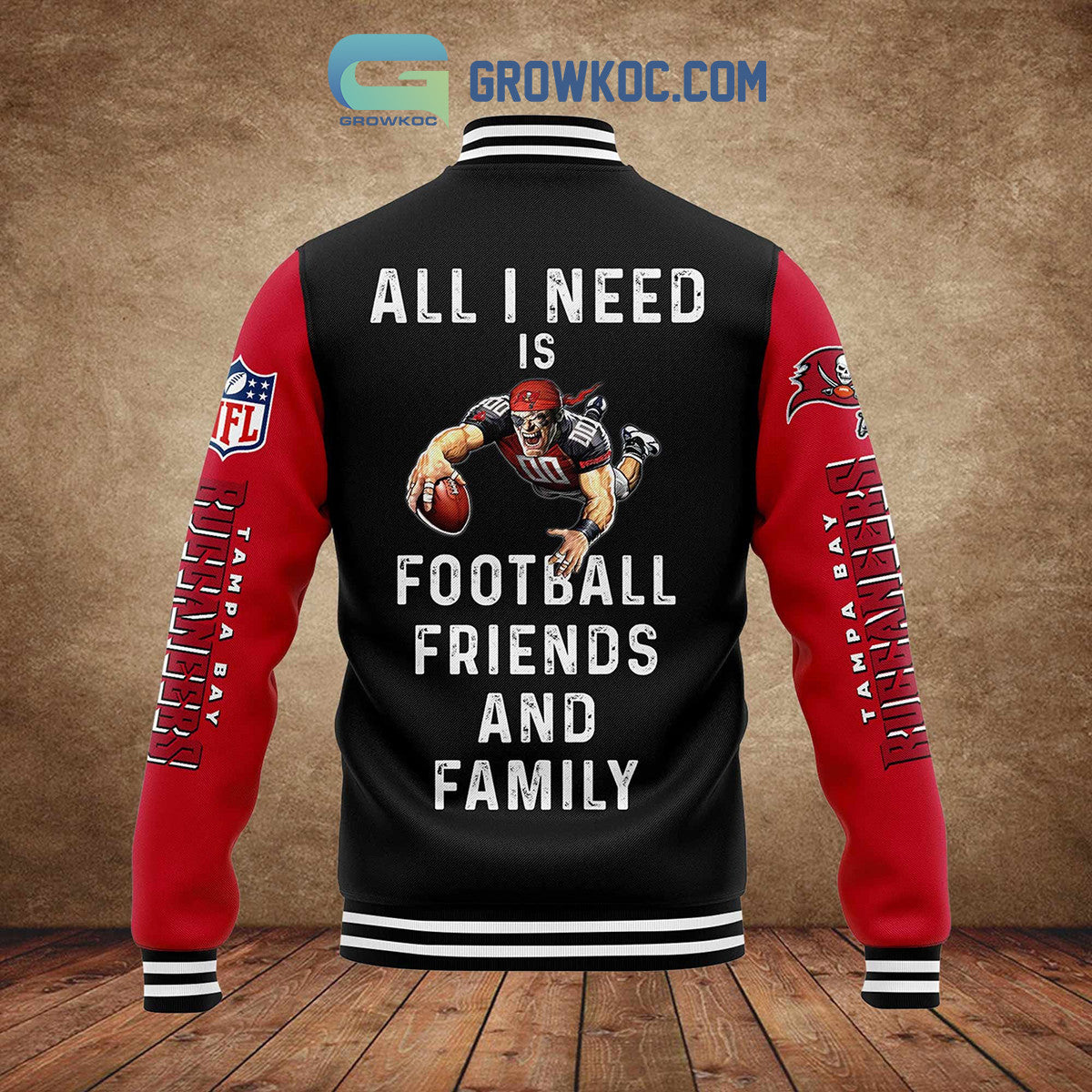 Tampa Bay Buccaneers All I Need Is Football Friends And Family Custom Name Baseball Jacket - All Over Printed - Black - All-Over-Printed Jacket