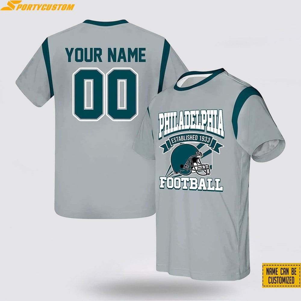 Philadelphia Eagles Helmet Custom Name & Number All Over Printed T-Shirt - Silver