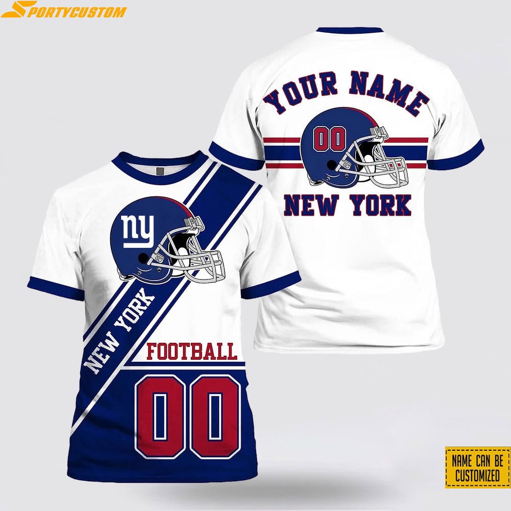 New York Giants Helmet Custom Name & Number All Over Printed T-Shirt - White/Blue