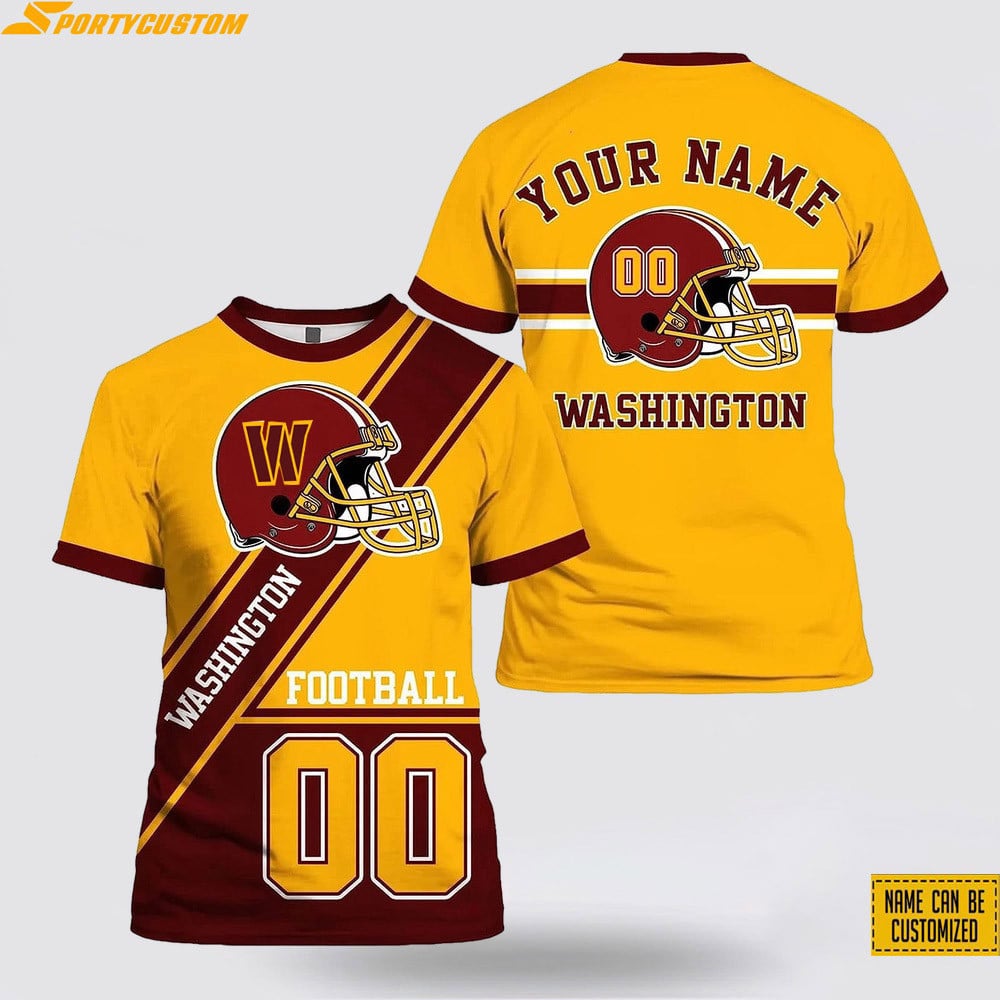 Washington Commanders Helmet Custom Name & Number All Over Printed T-Shirt - Gold/Burgundy