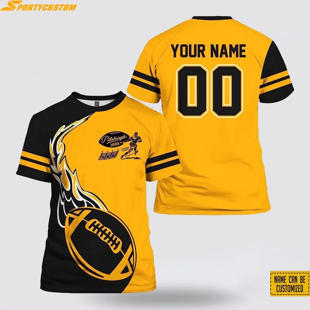 Pittsburgh Steelers Fireball Custom Name & Number All Over Printed T-Shirt - Black/Gold