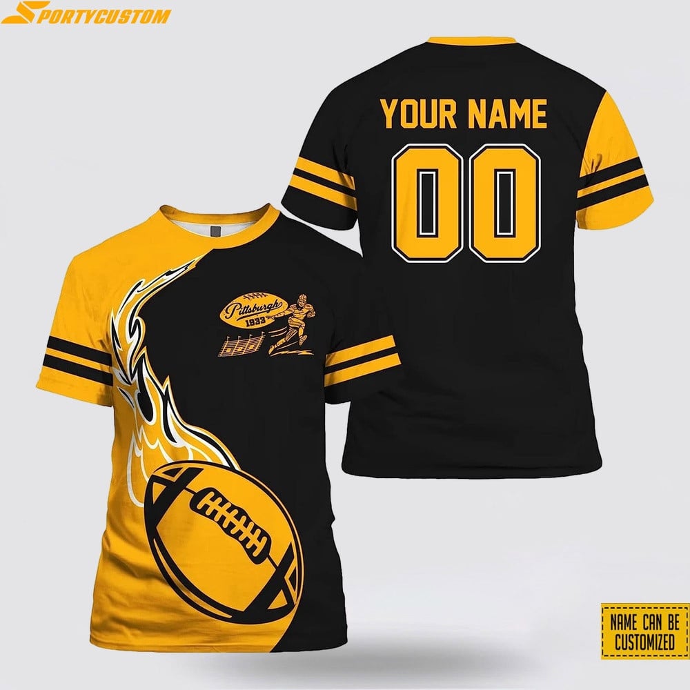 Pittsburgh Steelers Fireball Custom Name & Number All Over Printed T-Shirt - Gold/Black
