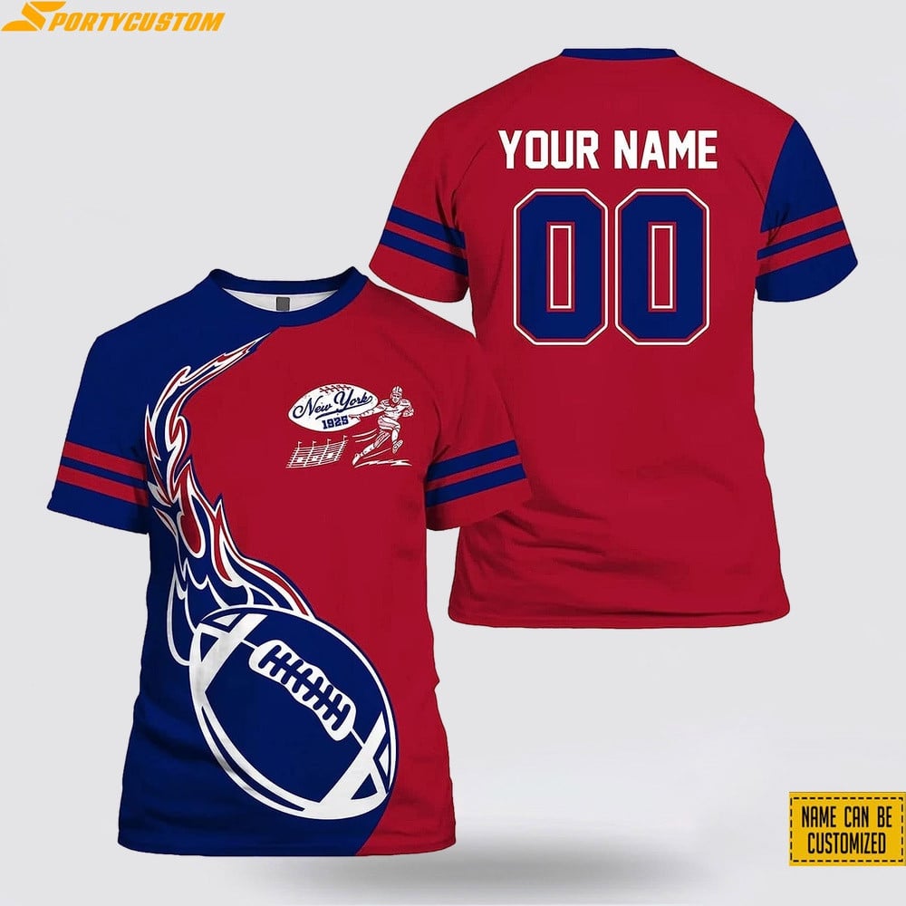 New York Giants Fireball Custom Name & Number All Over Printed T-Shirt - Navy/Red