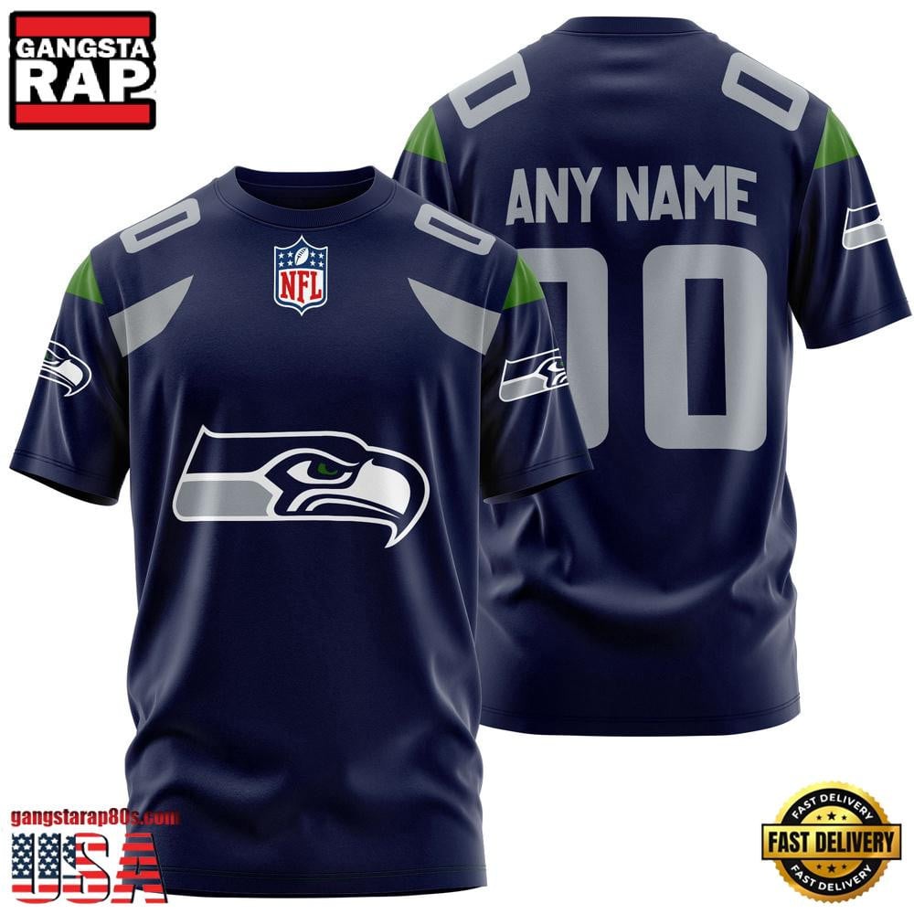 Seattle Seahawks Team Sport Custom Name & Number All Over Printed T-Shirt - Navy