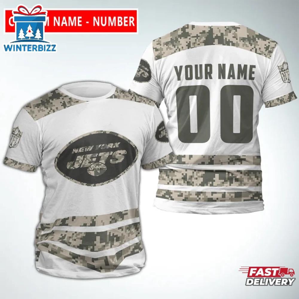New York Jets Sport Custom Name & Number All Over Printed T-Shirt - Camo/White