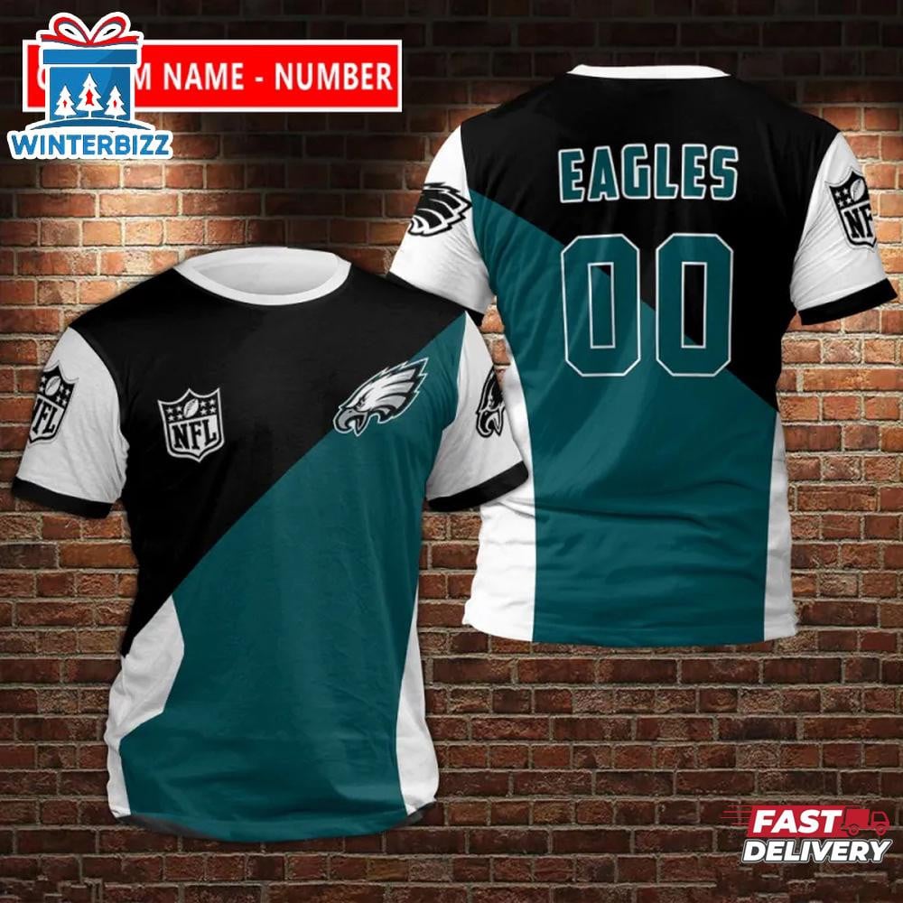 Philadelphia Eagles Sport Custom Name & Number All Over Printed T-Shirt - Black/Midnight Green/White