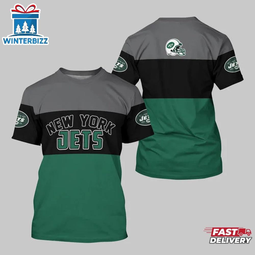 New York Jets Logo Team All Over Printed T-Shirt - Gray/Black/Green