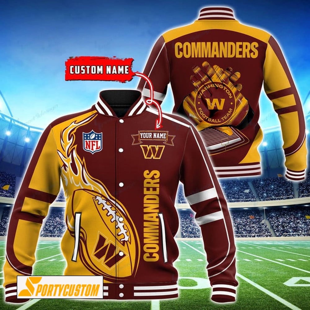 Washington Commanders Fireball Custom Name Baseball Jacket Varsity Jacket - Burgundy - All-Over-Printed Jacket