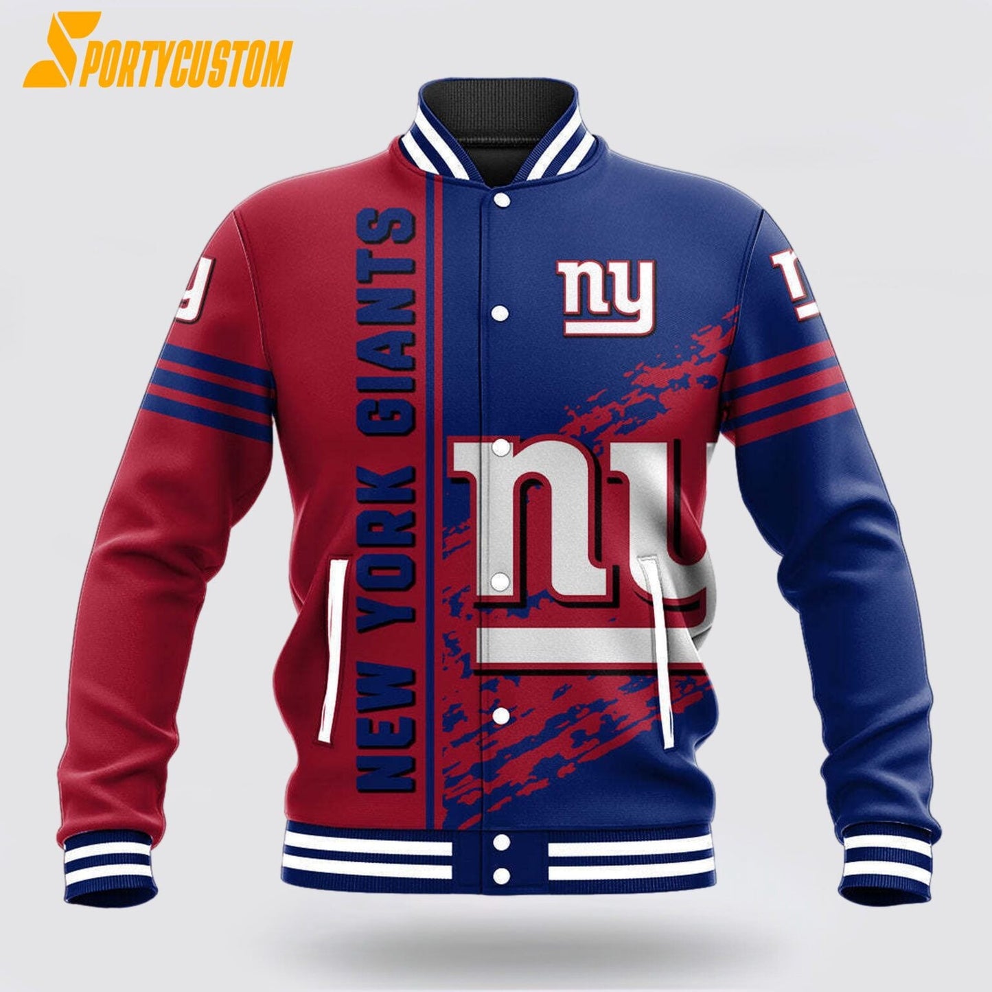 New York Giants Logo Baseball Jacket Varsity Jacket - Blue/Red - All-Over-Printed Jacket