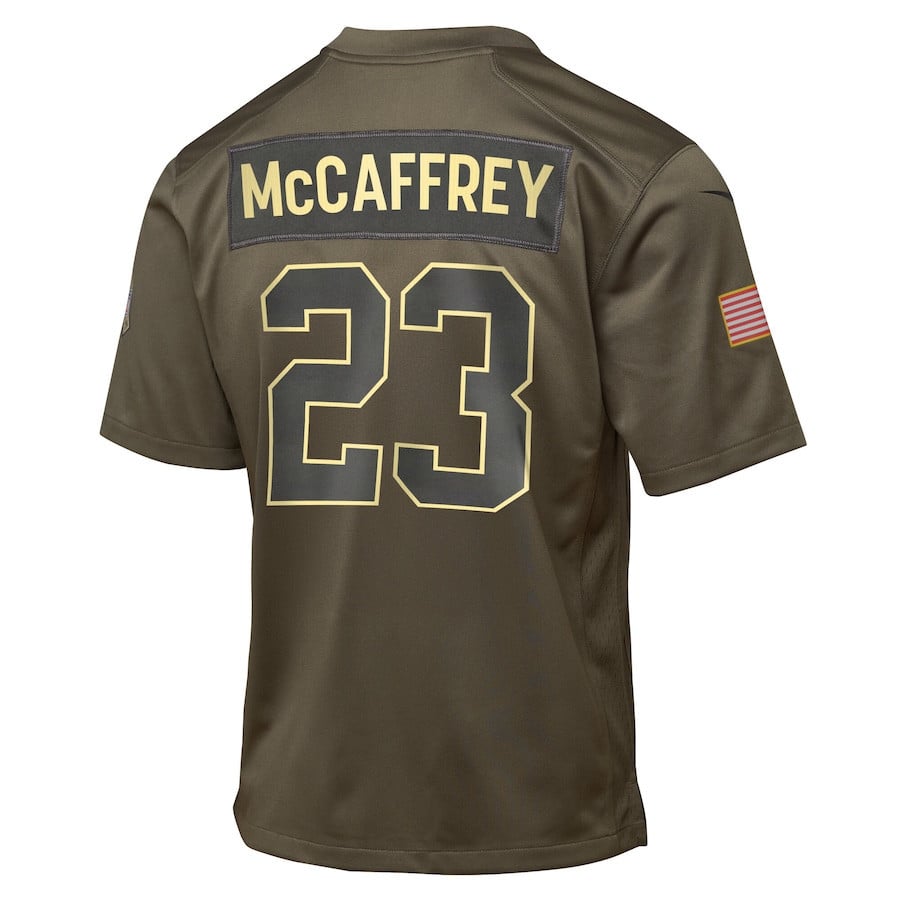Christian McCaffrey 23 San Francisco 49ers 2025 Salute to Service YOUTH Jersey - Olive