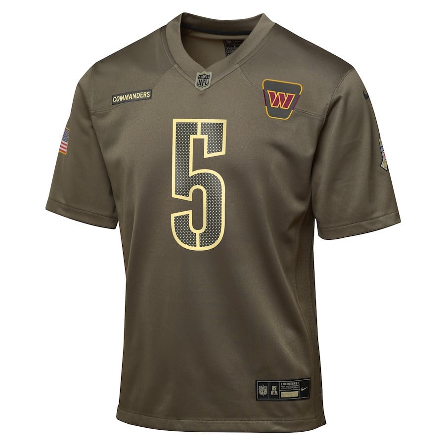 Jayden Daniels 5 Washington Commanders 2025 Salute to Service YOUTH Jersey - Olive