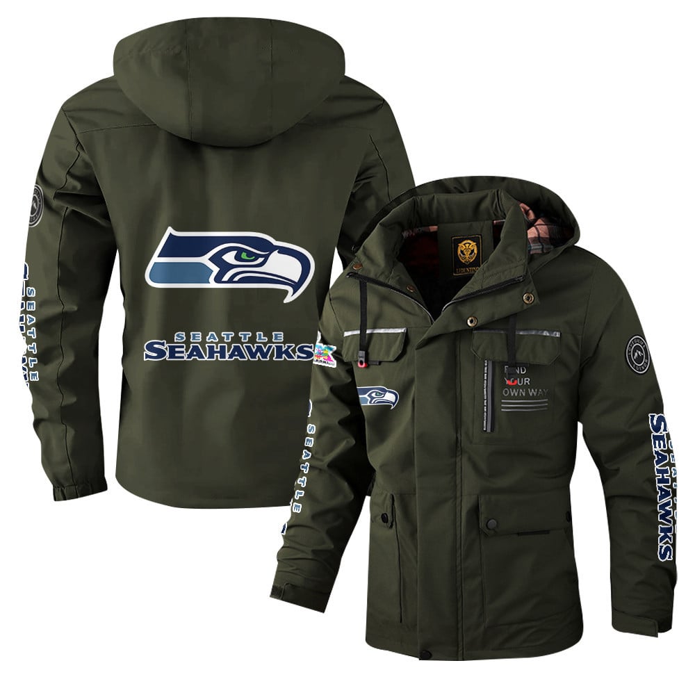 Seattle Seahawks 2026 Super Bowl LX Army Green Parka Coat – Printed Logos
