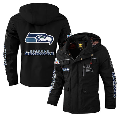 Seattle Seahawks 2026 Super Bowl LX Black Parka Coat – Printed Logos