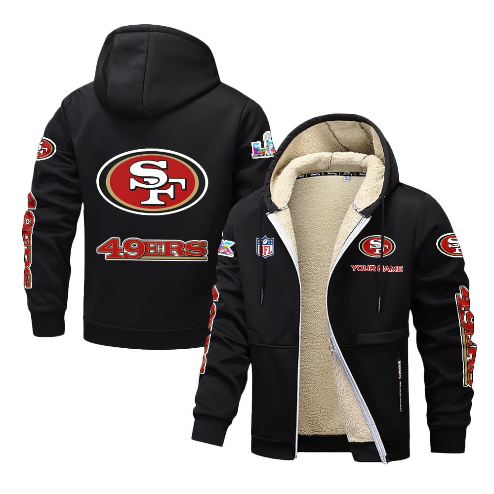 San Francisco 49ers 2026 Super Bowl LX Black Fleece Zip-Up Jacket – Printed Logos, Personalized Name