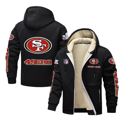 San Francisco 49ers 2026 Super Bowl LX Black Fleece Zip-Up Jacket – Printed Logos, Personalized Name