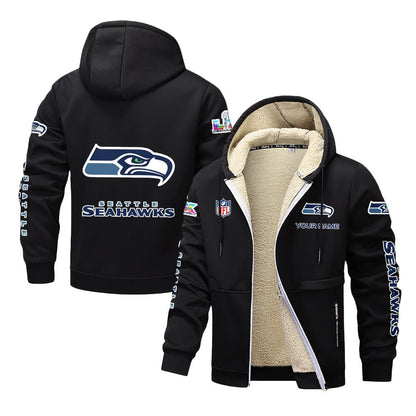 Seattle Seahawks 2026 Super Bowl LX Black Fleece Zip-Up Jacket – Printed Logos, Personalized Name