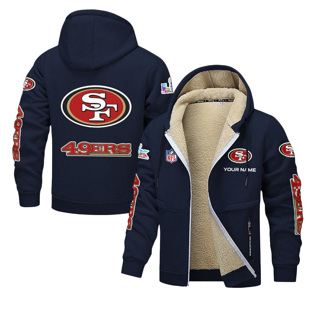 San Francisco 49ers 2026 Super Bowl LX Navy Fleece Zip-Up Jacket – Printed Logos, Personalized Name