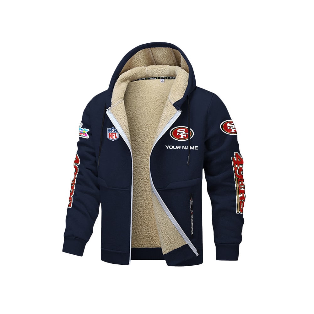 San Francisco 49ers 2026 Super Bowl LX Navy Fleece Zip-Up Jacket – Printed Logos, Personalized Name