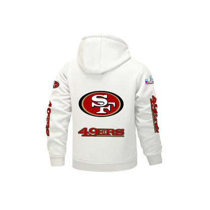 San Francisco 49ers 2026 Super Bowl LX White Fleece Zip-Up Jacket – Printed Logos, Personalized Name