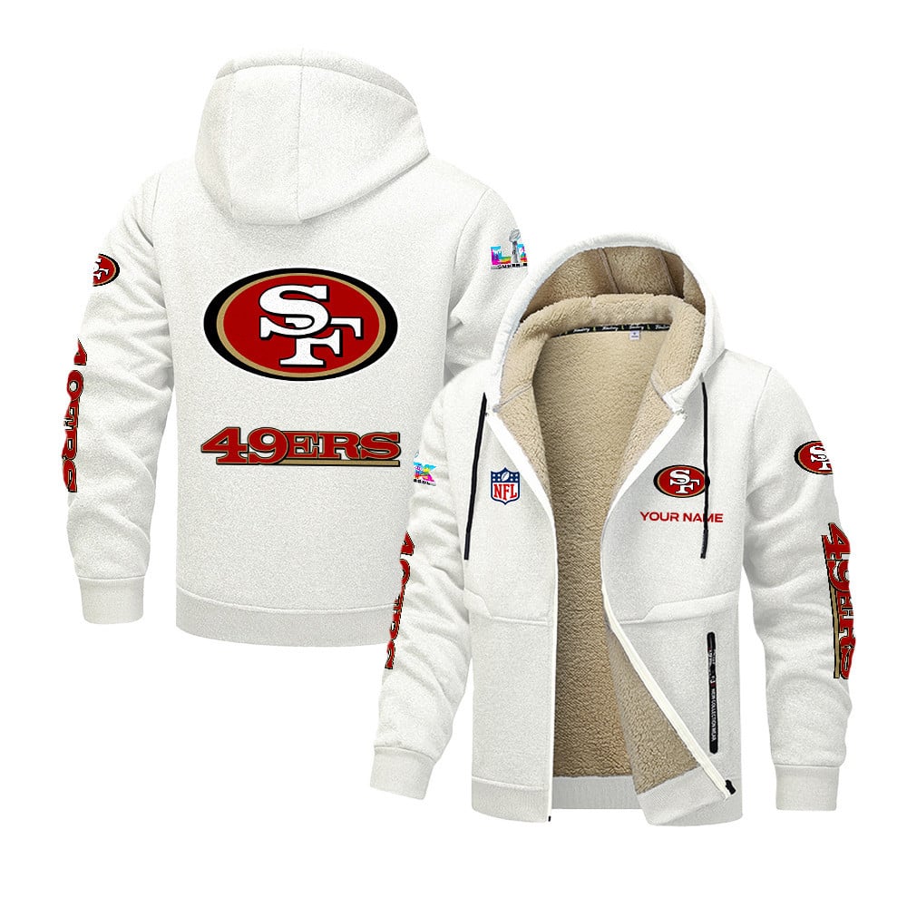 San Francisco 49ers 2026 Super Bowl LX White Fleece Zip-Up Jacket – Printed Logos, Personalized Name