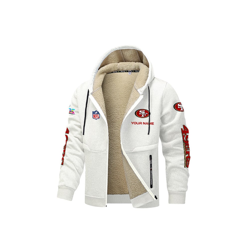 San Francisco 49ers 2026 Super Bowl LX White Fleece Zip-Up Jacket – Printed Logos, Personalized Name