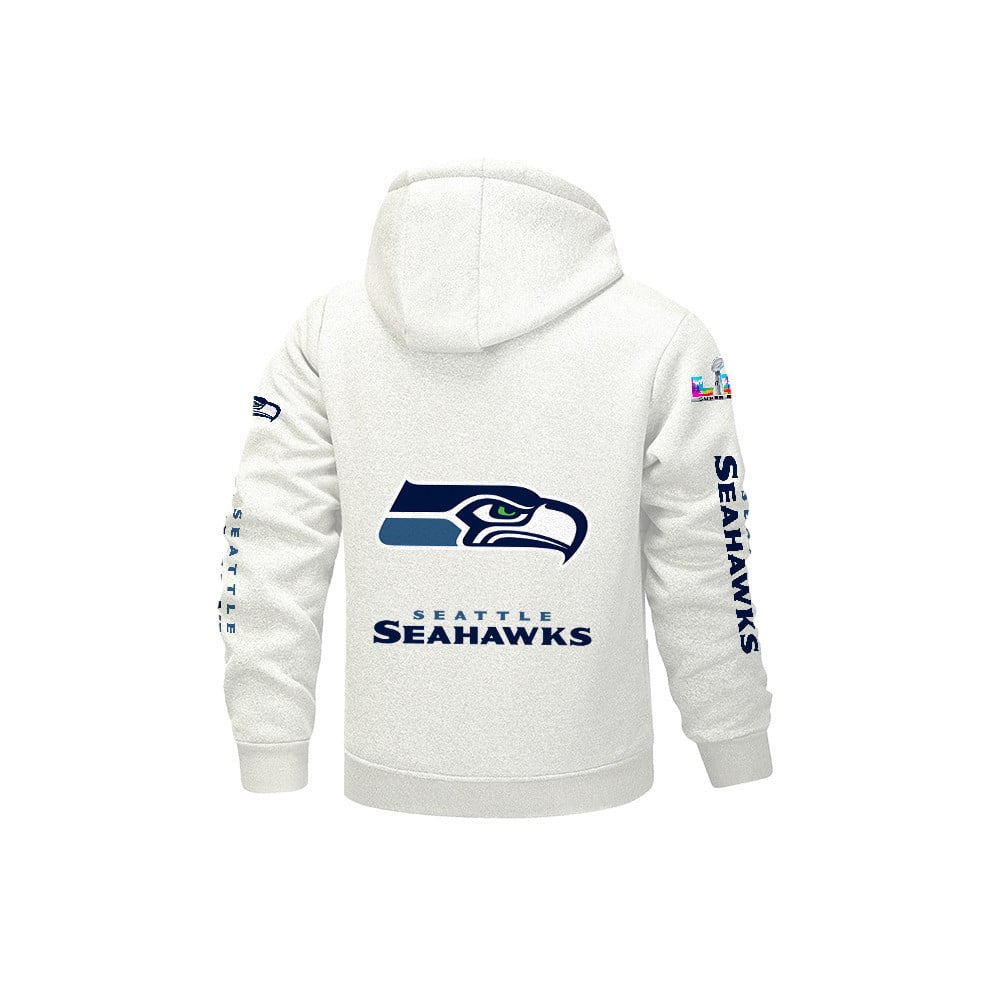 Seattle Seahawks 2026 Super Bowl LX White Fleece Zip-Up Jacket – Printed Logos, Personalized Name