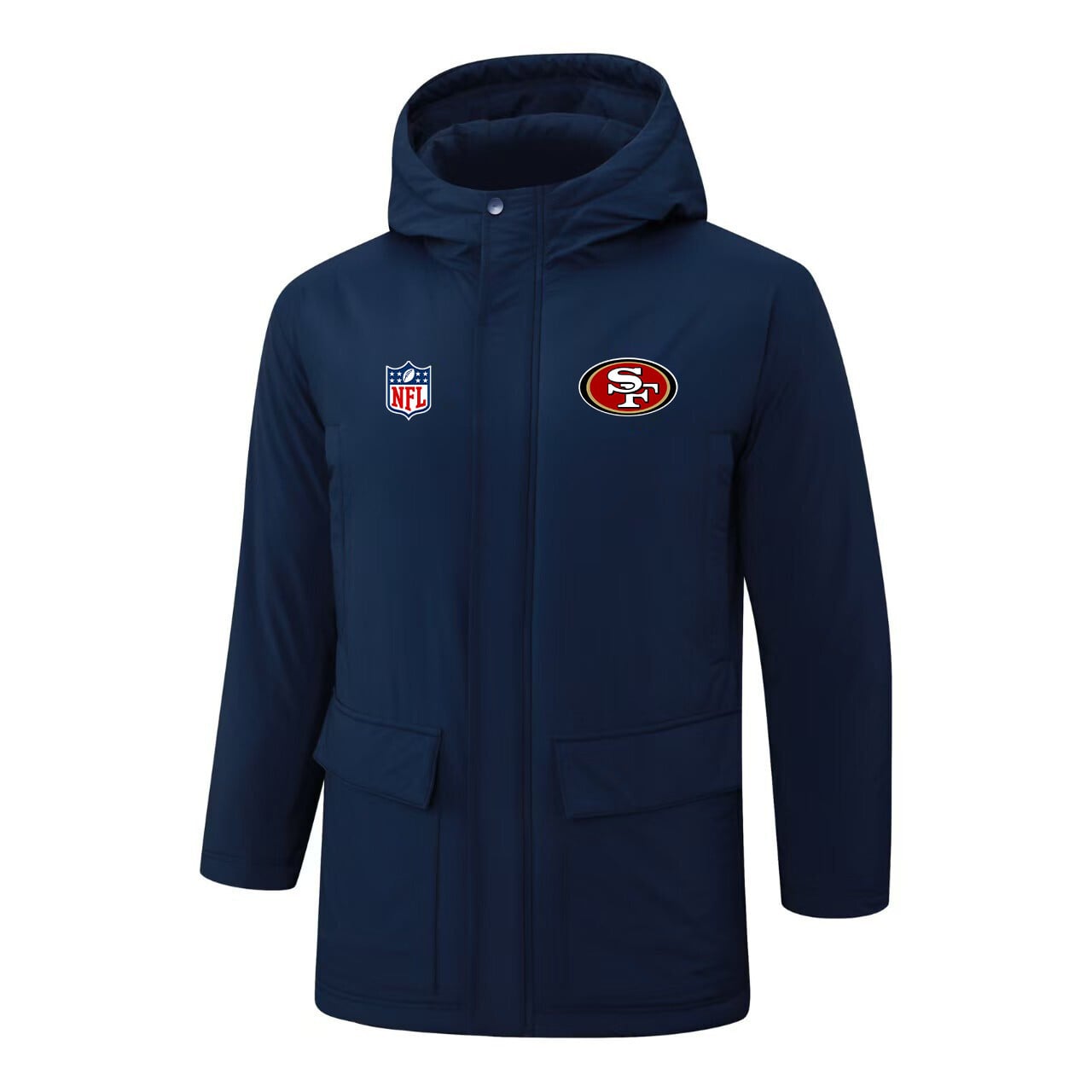 San Francisco 49ers Padded Parka Jacket Navy - Heat Printed Logo, Fan Gear