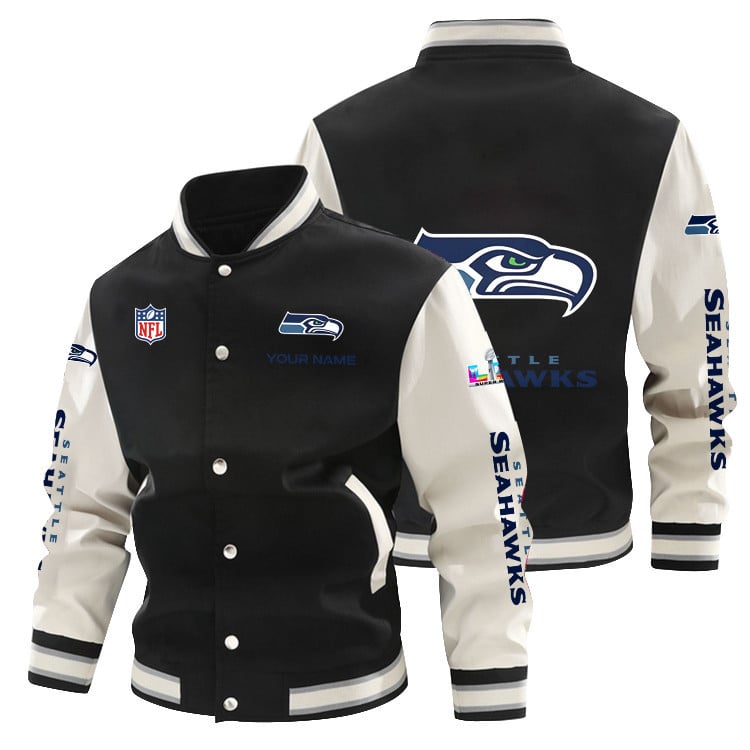 Seattle Seahawks 2026 Super Bowl LX All-Over Print Baseball Jacket – Black