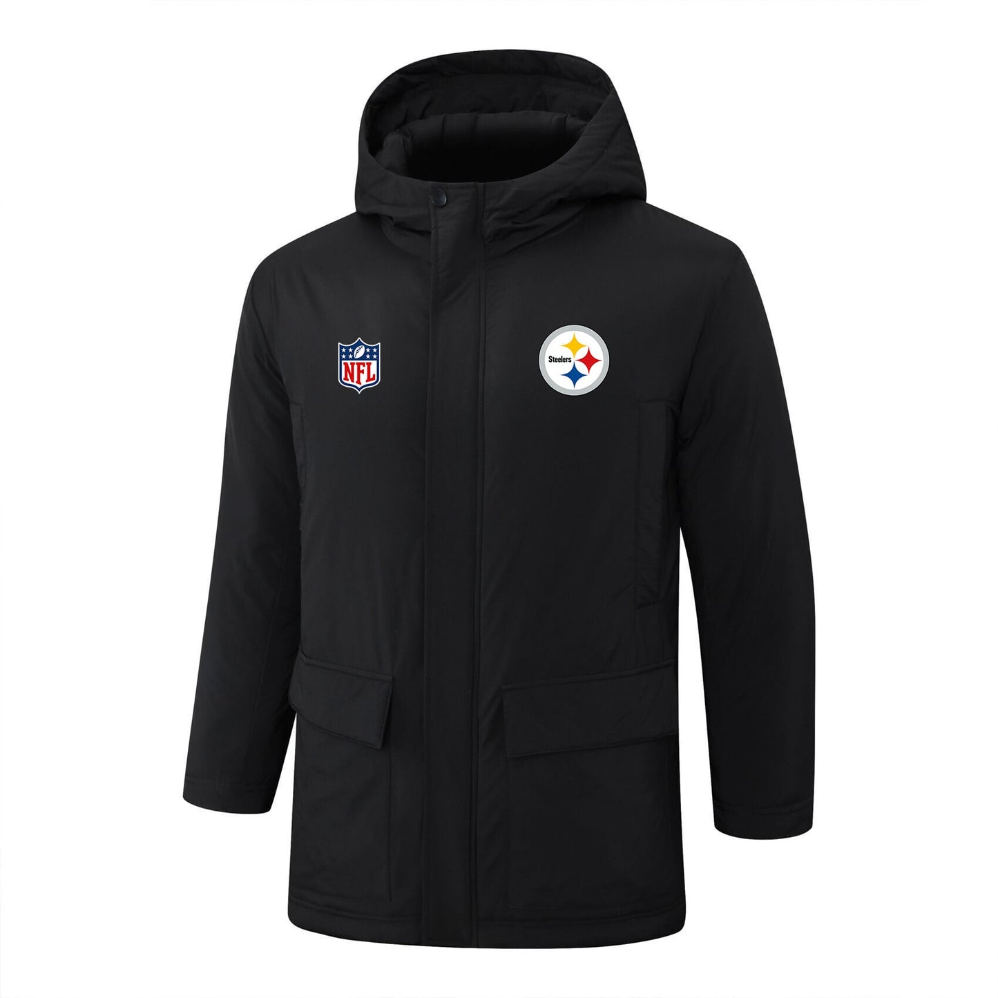 Pittsburgh Steelers Padded Parka Jacket Navy - Heat Printed Logo, Fan Gear