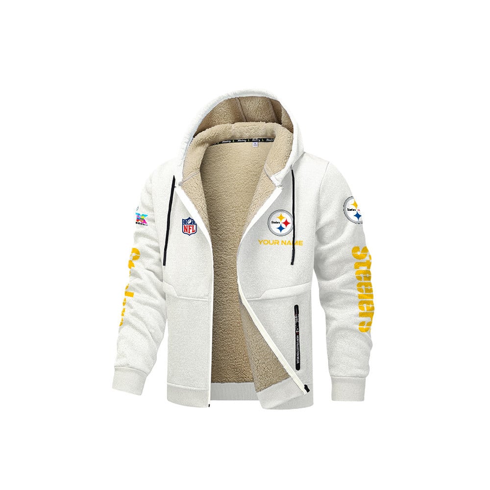 Pittsburgh Steelers 2026 Super Bowl LX White Fleece Zip-Up Jacket – Printed Logos, Personalized Name