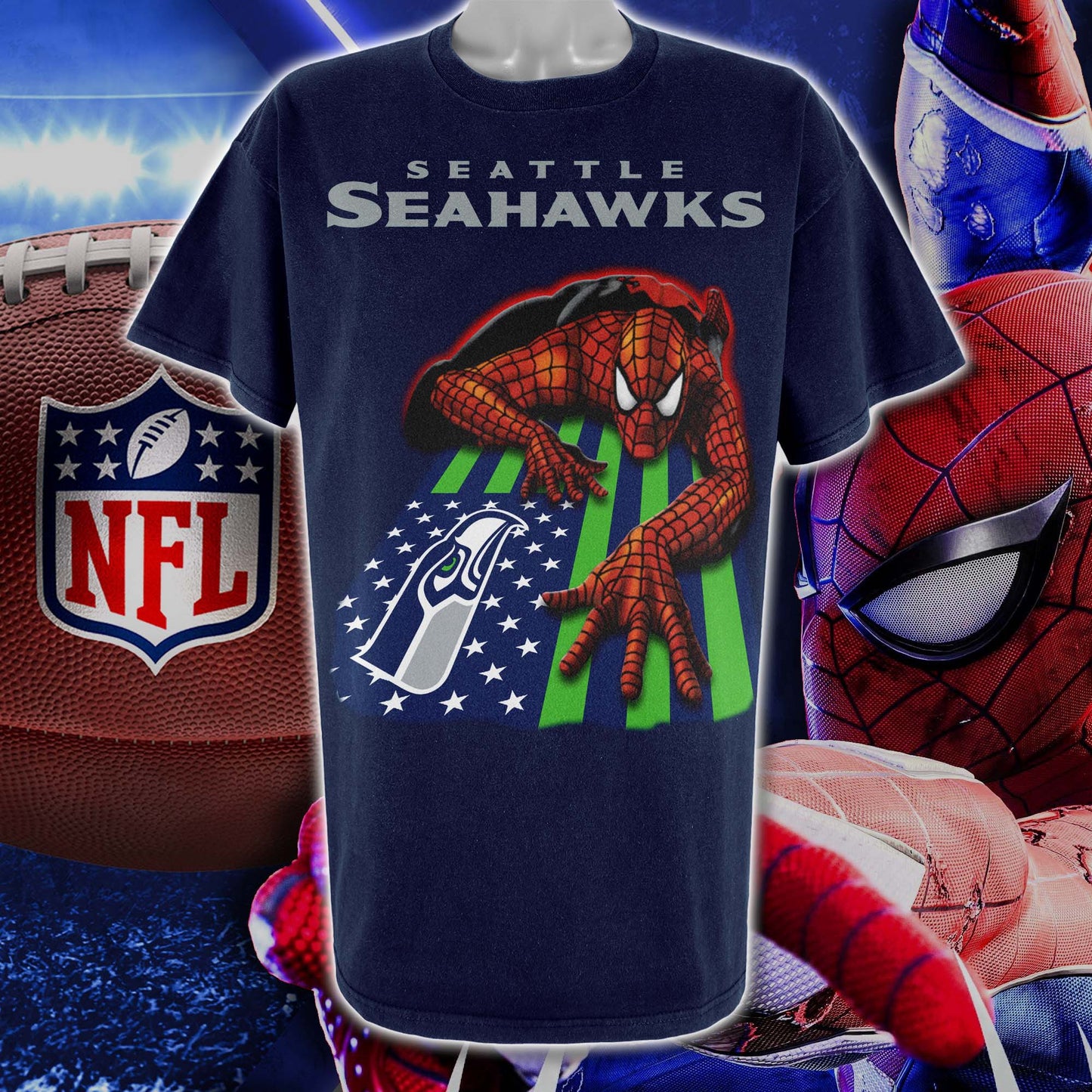 Seattle Seahawks & Spiderman America Flag T-Shirt