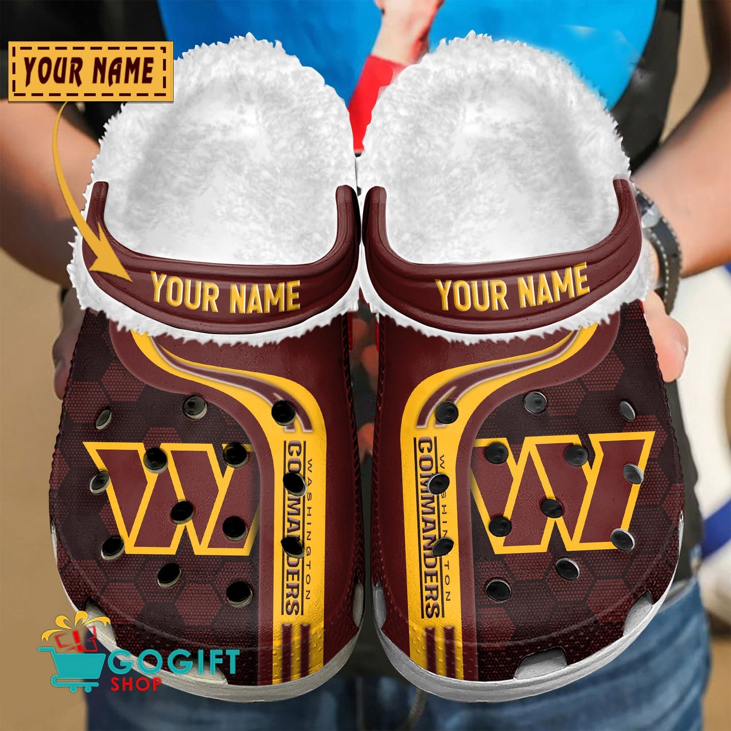 Washington Commanders Honeycomb Pattern Custom Name Fleece Crocs Clogs Shoes